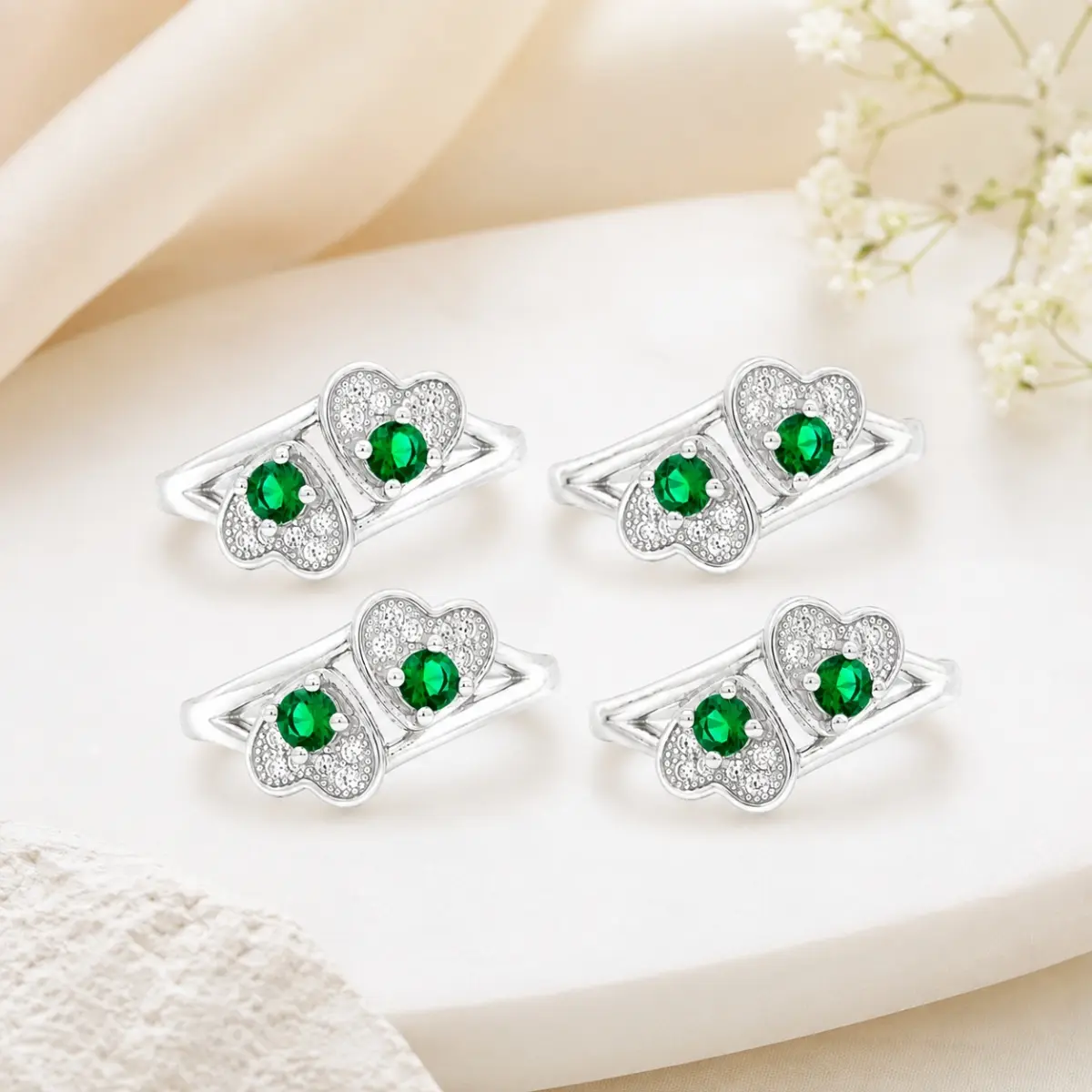 925 Sterling Silver Toe Ring Pair Of 2 Green Stone Elegant Design For Women